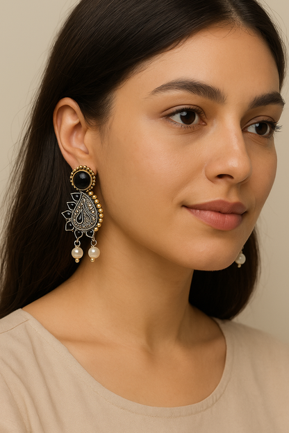 Black Stone Silver Earrings | Traditional & Modern Fusion Earrings (2116)