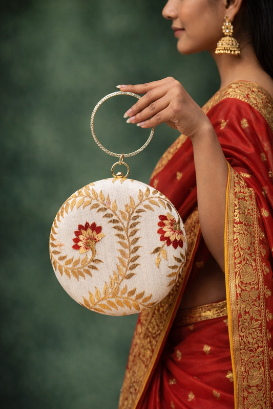 Ivory Floral Embroidered Potli Clutch with Crystal Ring Handle | Elegant Ethnic Party Bag for Weddings & Festive Wear