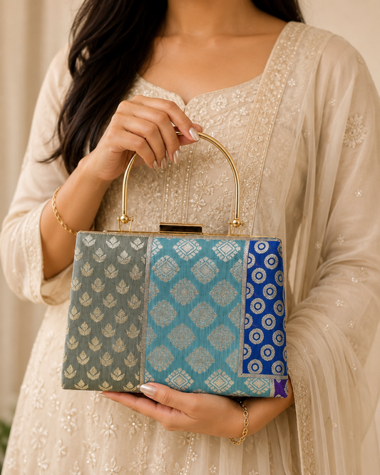 Blue Brocade Ethnic Clutch Bag for Women – Wedding & Party Wear