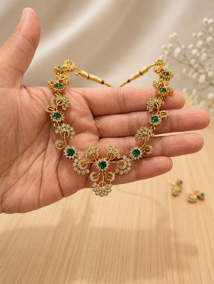 Elegant Petals Diamond with Green Stones Necklace & Earrings Set