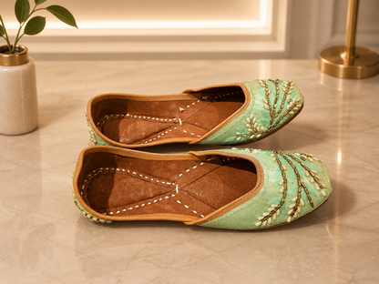 Punjabi Jutti for Women – Light Green with beads | Traditional Indian Ethnic Flat