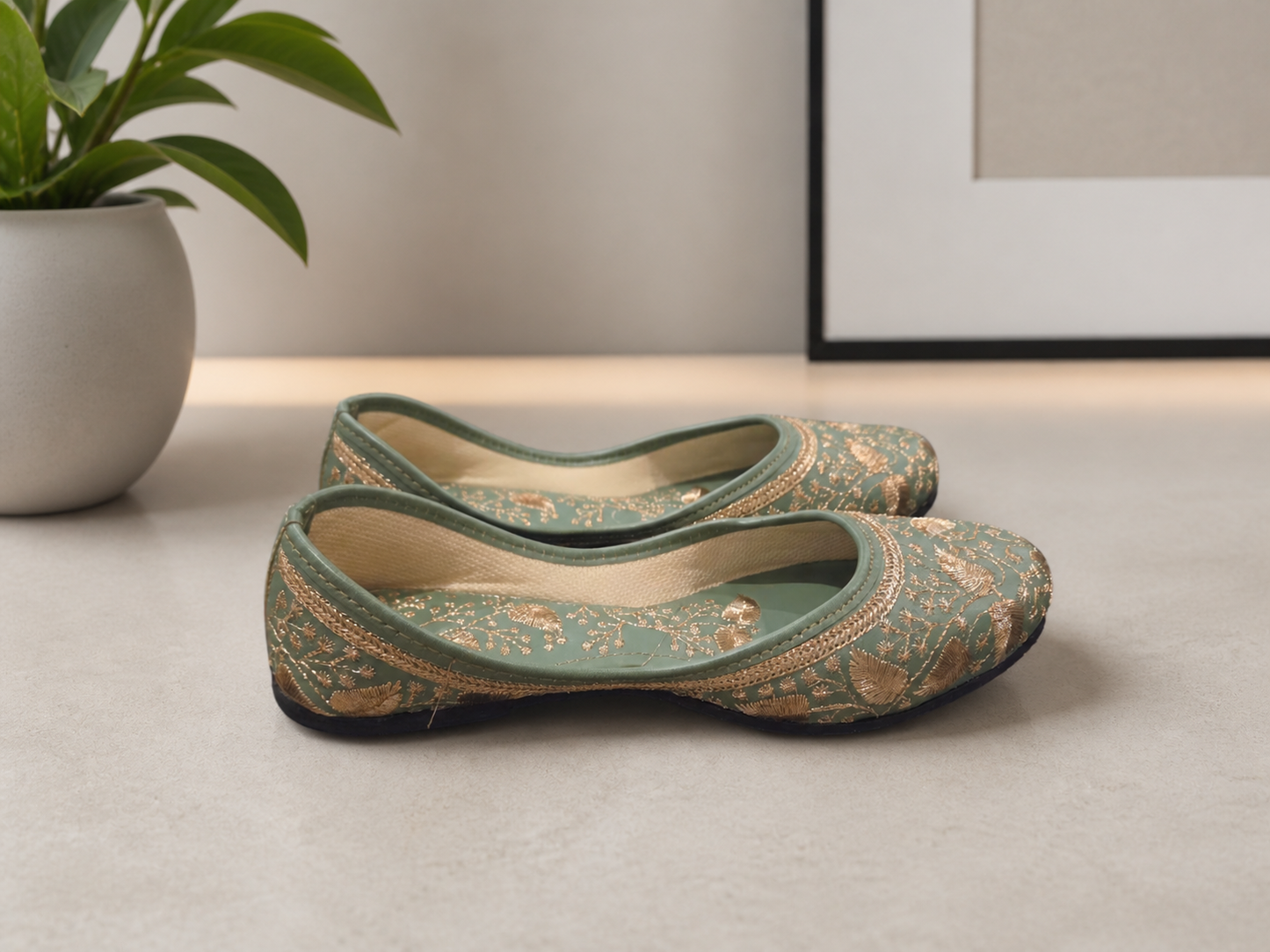 Punjabi Jutti for Women – Green with Gold Thread Work | Traditional Indian Ethnic Flat