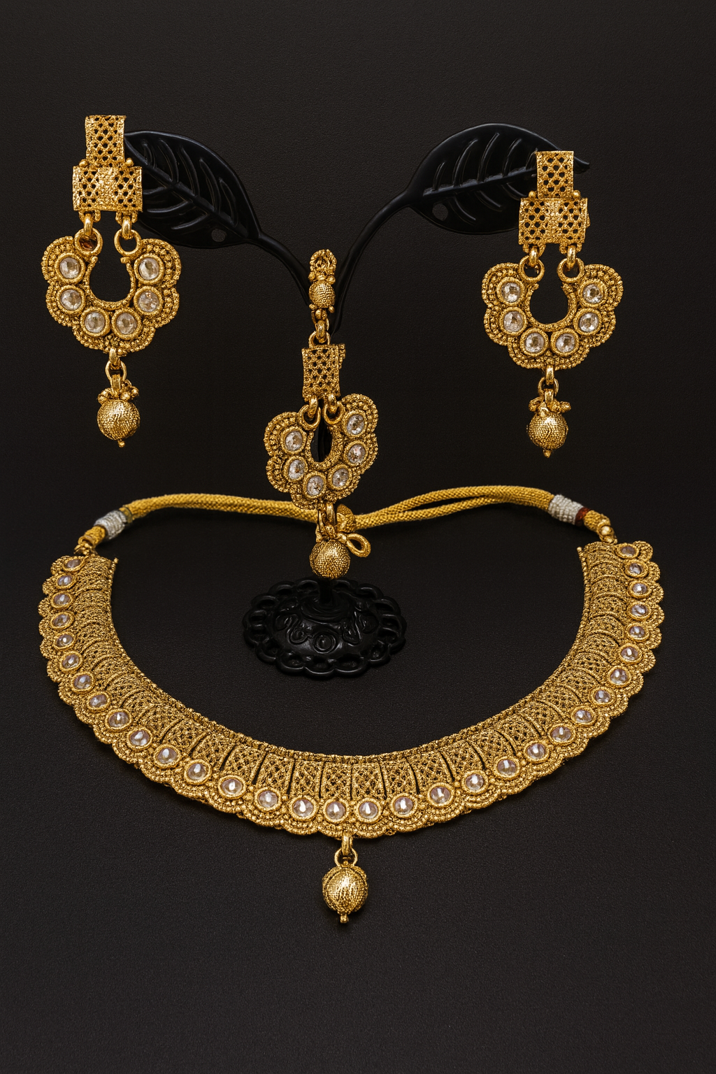 Gold necklace with earrings and matha tikka - 2105