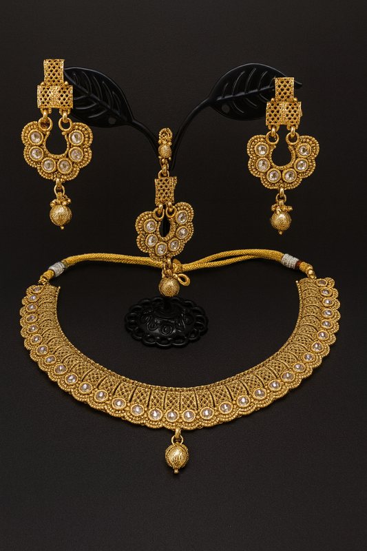 Gold necklace with earrings and matha tikka - 2105