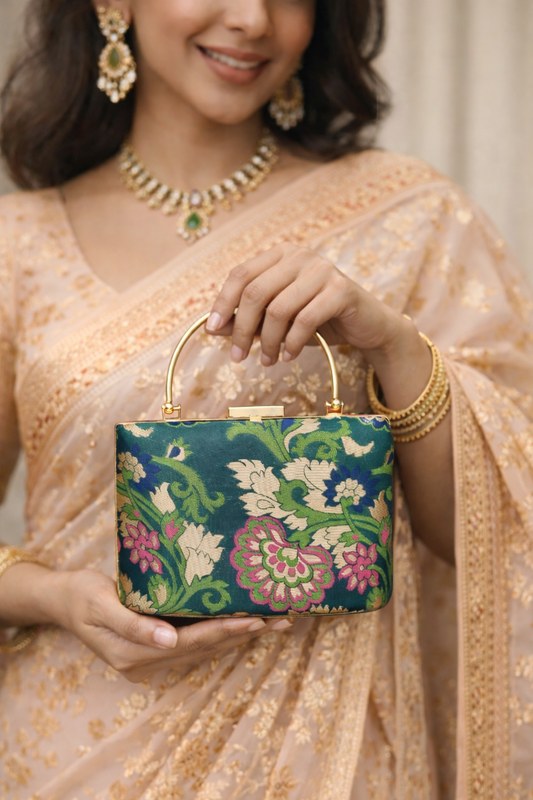 Emerald Floral Brocade Clutch with Gold Handle | Ethnic Wedding & Party Bag