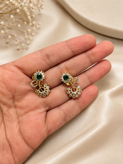 Elegant Petals Diamond with Green Stones Necklace & Earrings Set