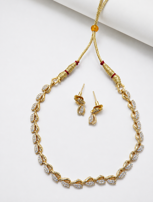 Minimal Leaf Diamond Necklace & Earrings Set