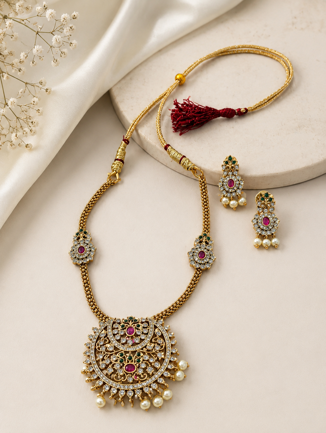 Antique Ruby & Pearls Gold Necklace & Earrings Set