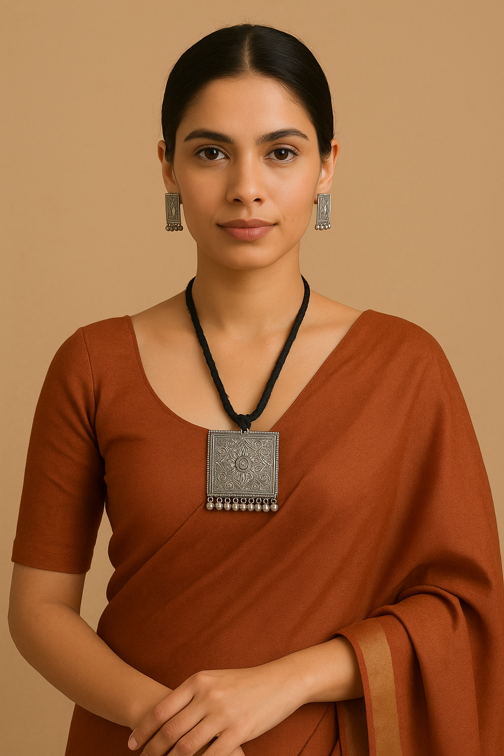 Silver square pendant in long black thread with earrings