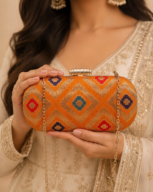 Orange Mosaic Clutch Bag with Gold Chain – Party & Wedding Handbag for Women