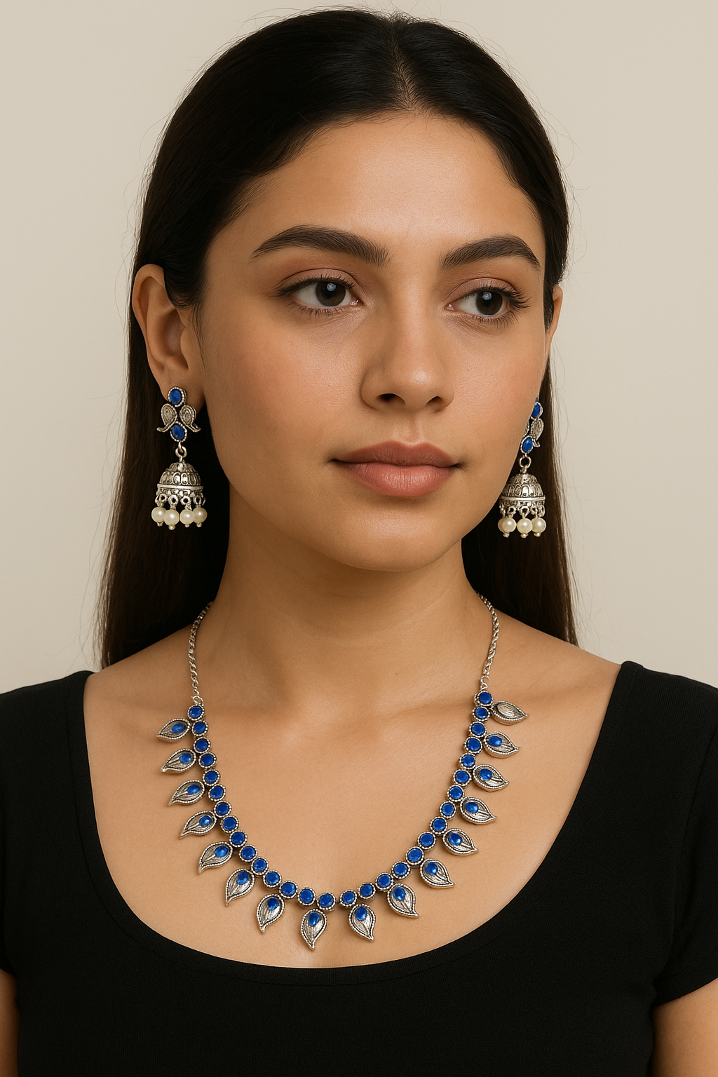 Silver and blue stones necklace with earrings