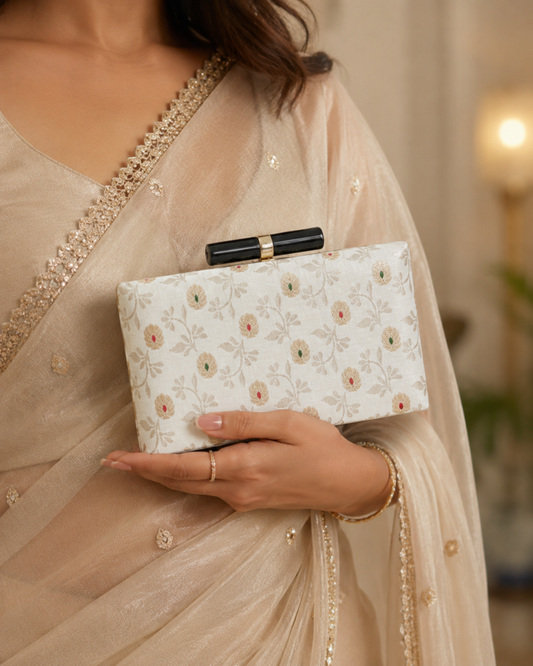 Luxury Ivory Floral Clutch Bag – Premium Ethnic Party Wear Sling for Women