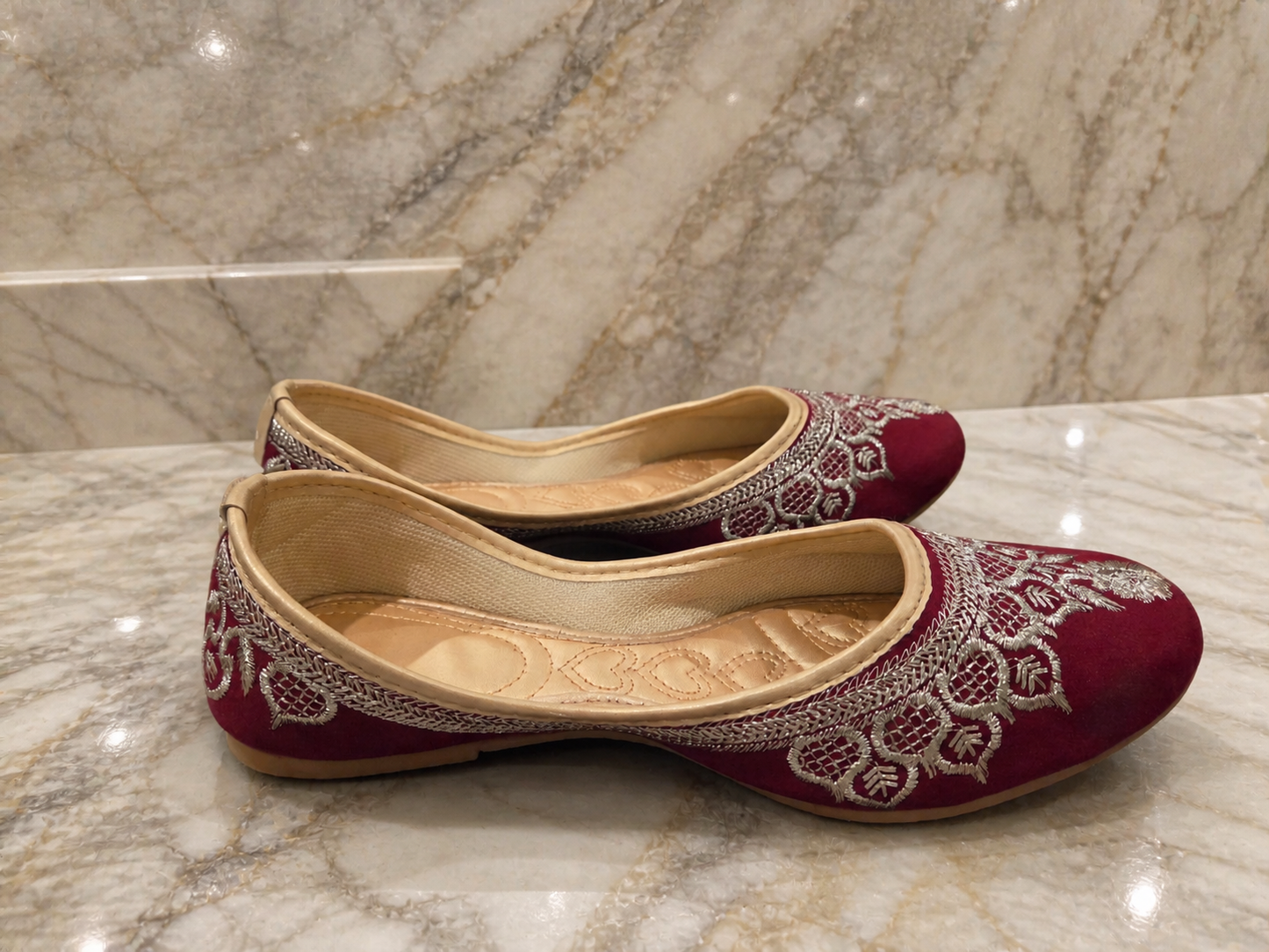 Punjabi Jutti for Women – Maroon with Silver Thread Work | Traditional Indian Ethnic Flat