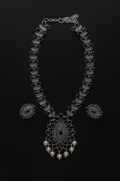 Silver and black stones long necklace with earrings