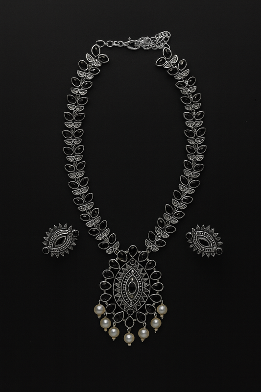 Silver and black stones long necklace with earrings