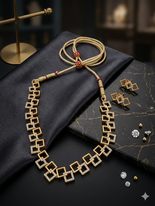 Geometric Square Gold Diamond Necklace & Earrings Set