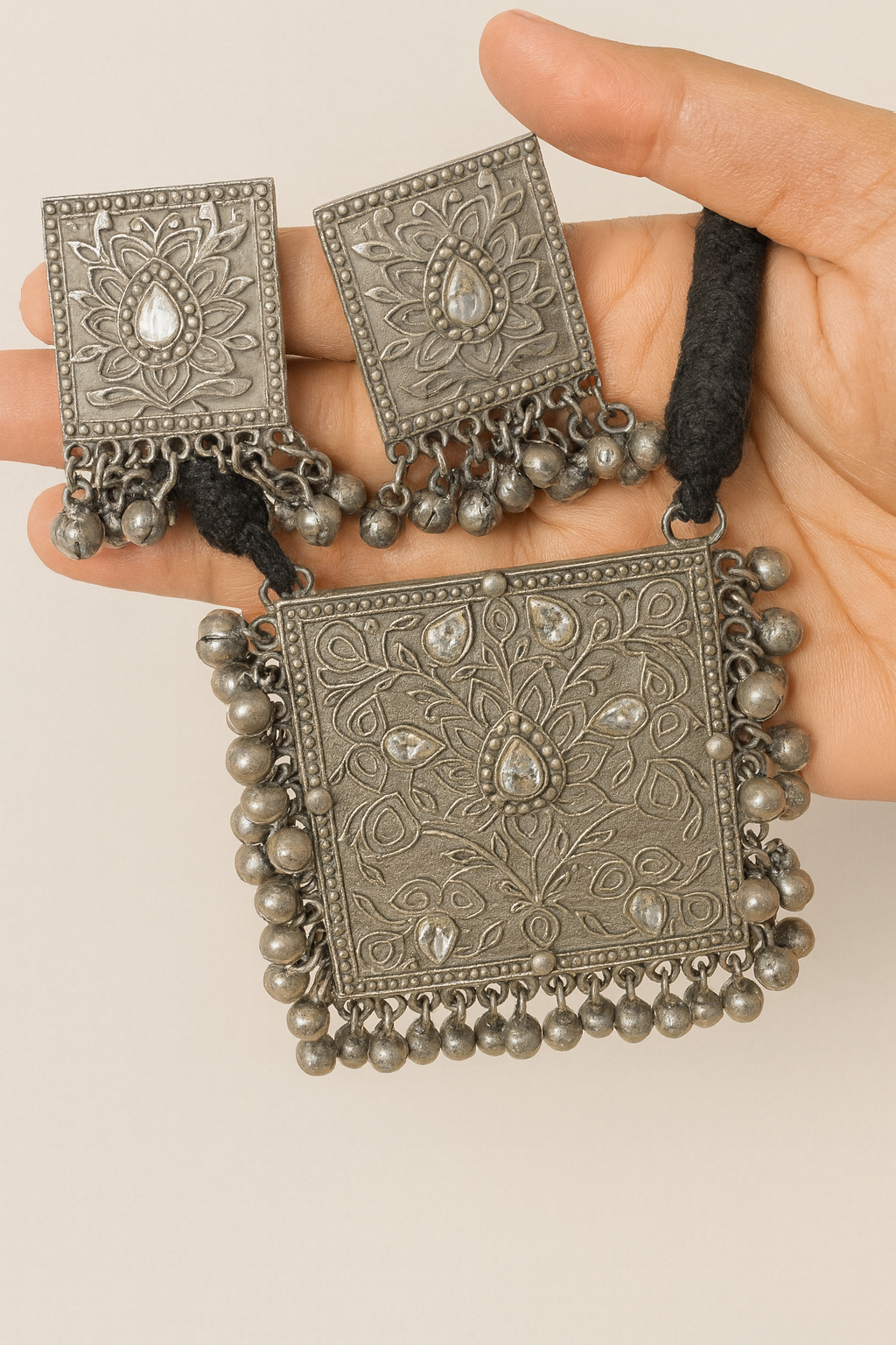 Silver square pendant in long black thread with earrings