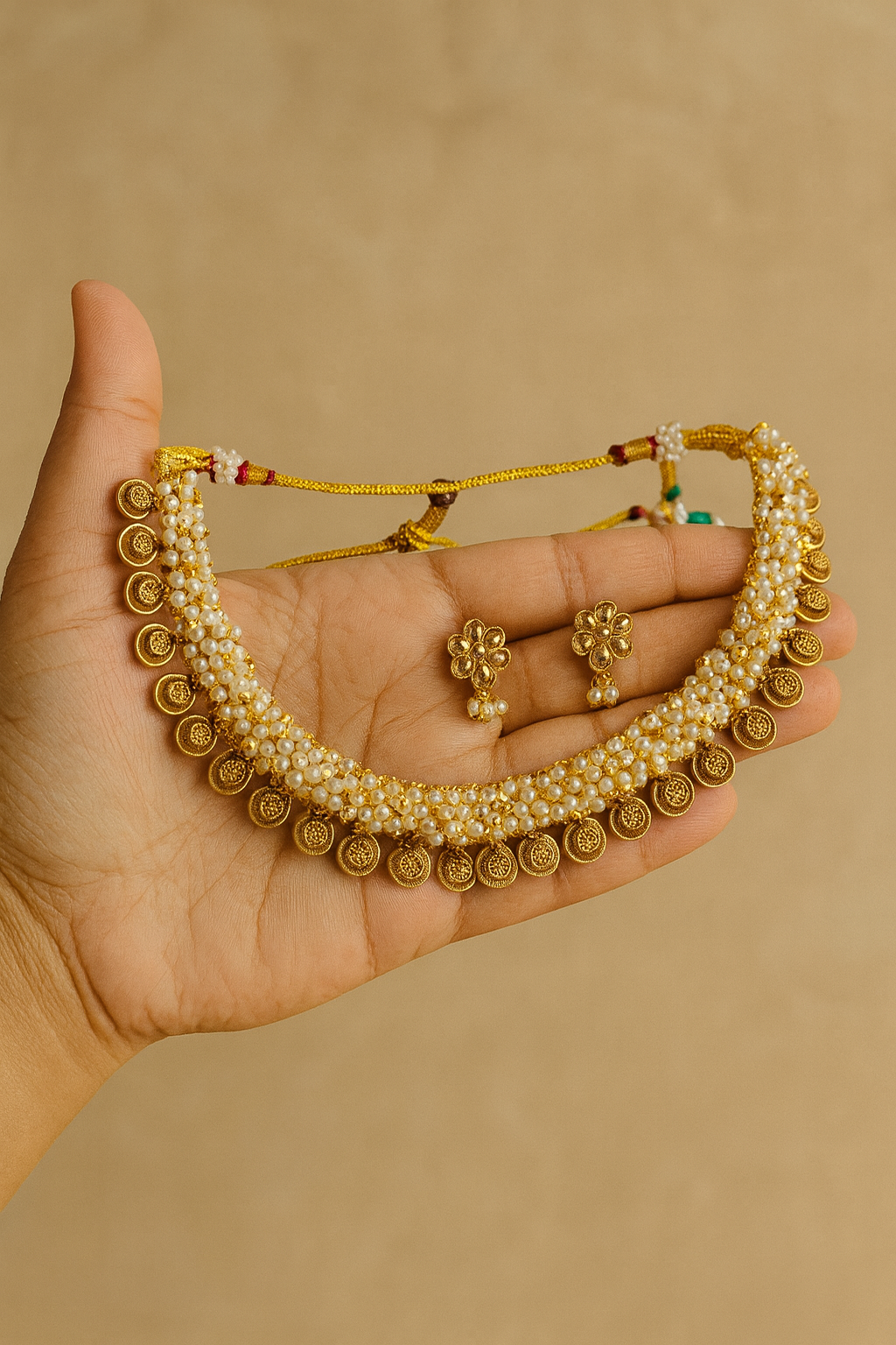 Pearl flower necklace with earrings