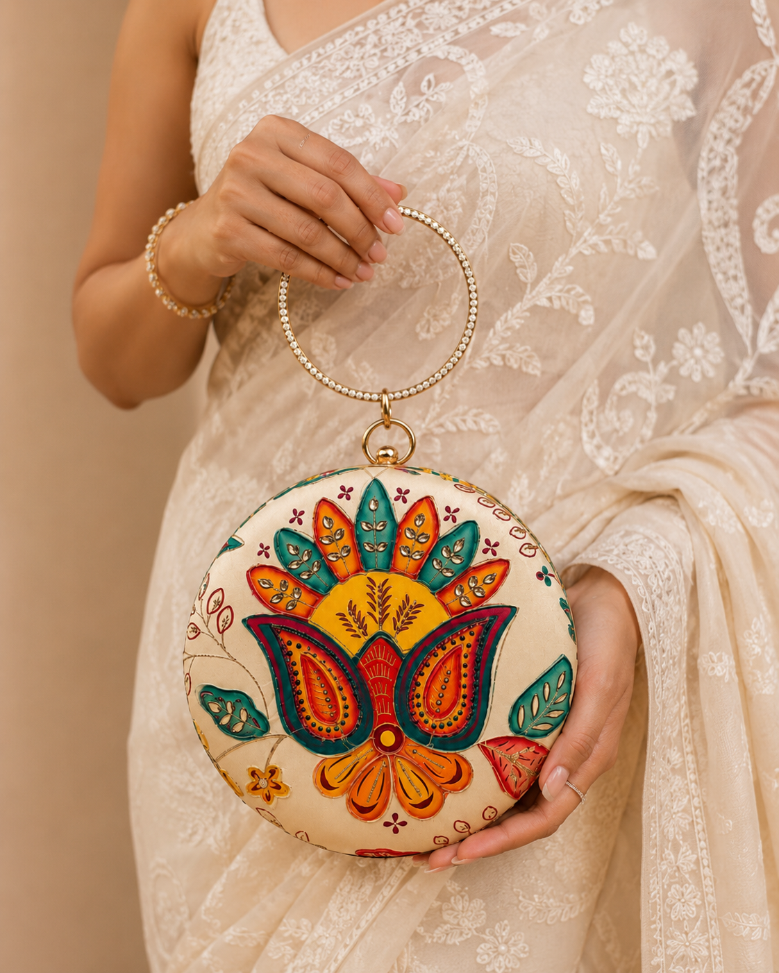 Colorful Lotus Motif Round Clutch with Crystal Ring Handle | Elegant Ethnic Party Bag for Weddings & Festive Wear